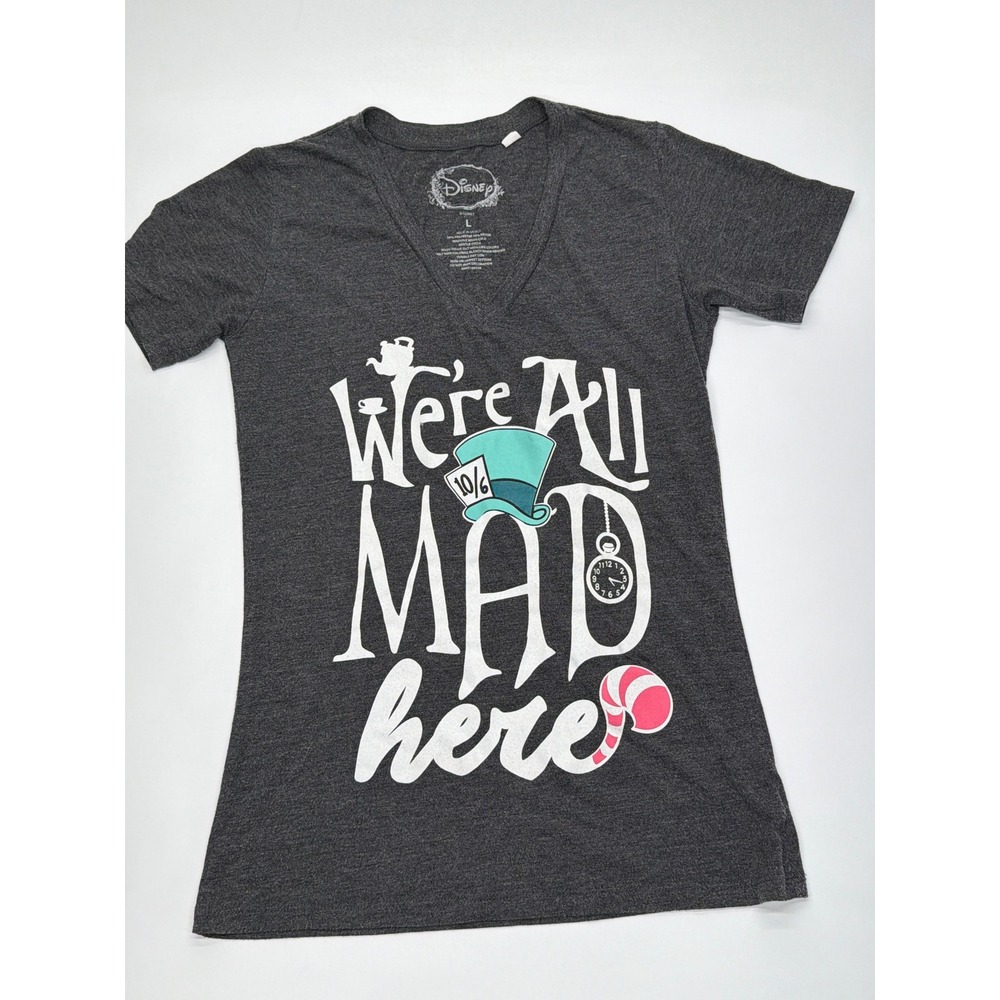 Disney Alice in Wonderland Were All Mad Here Graphic V-Neck T-Shirt Gray Large